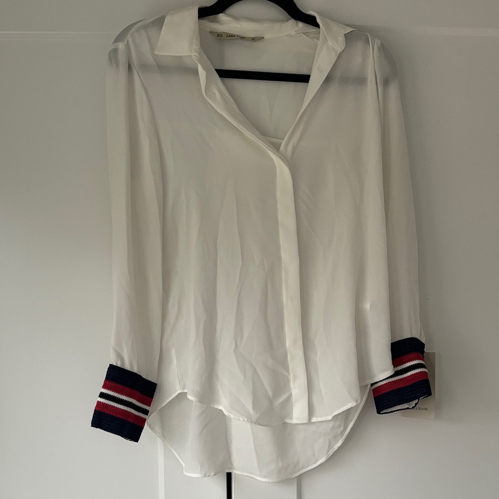 NWT Zara White Shirt with Navy and Red Cuffs